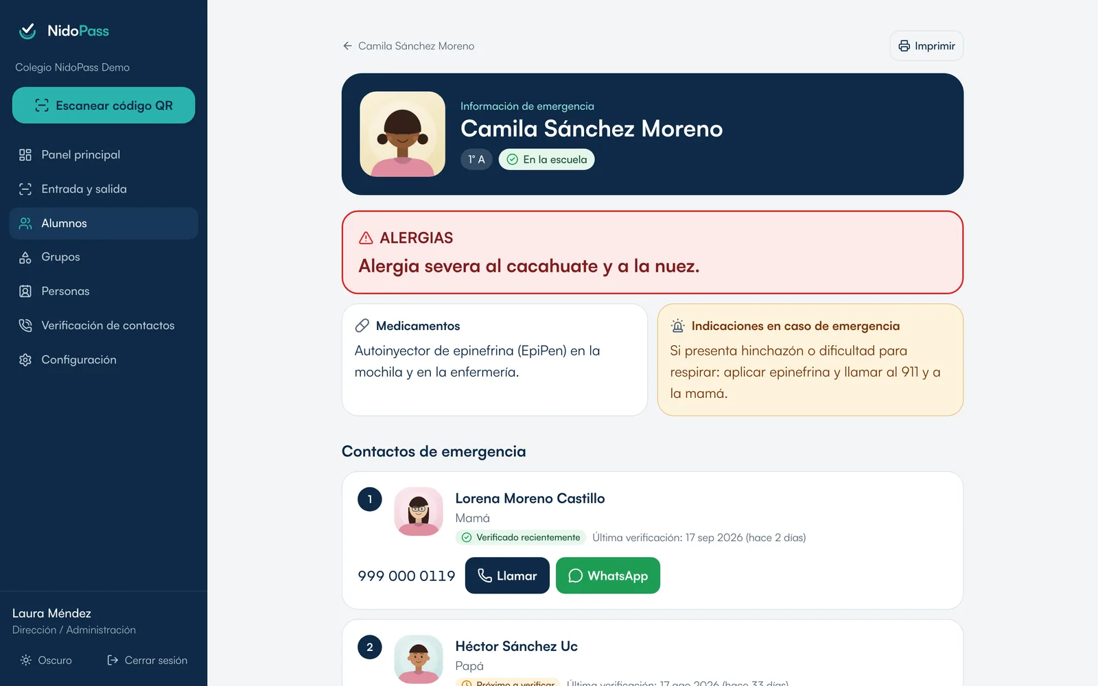 Información de emergencia de un alumno