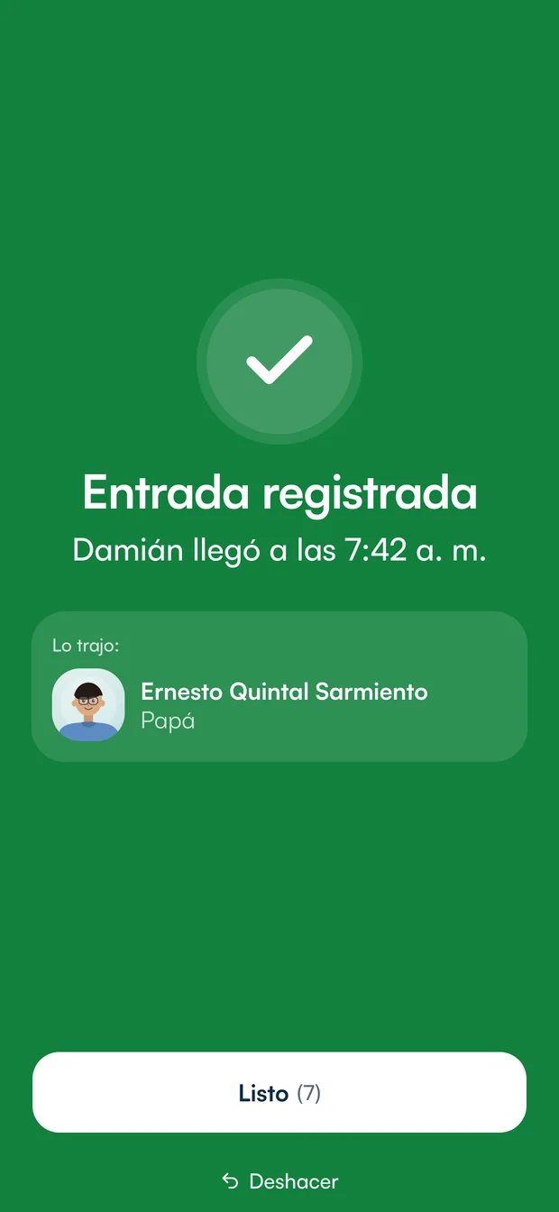 Confirmación de entrada registrada, con la hora y quién lo trajo